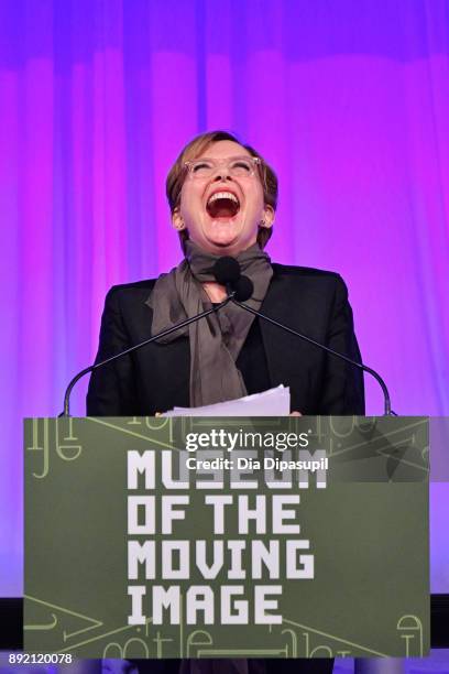 Annette Bening speaks onstage during the Museum of the Moving Image Salute to Annette Bening at 583 Park Avenue on December 13, 2017 in New York City.