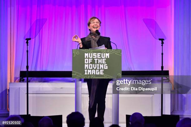 Annette Bening speaks onstage during the Museum of the Moving Image Salute to Annette Bening at 583 Park Avenue on December 13, 2017 in New York City.