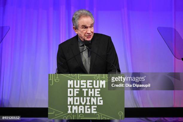 Warren Beatty speaks onstage during the Museum of the Moving Image Salute to Annette Bening at 583 Park Avenue on December 13, 2017 in New York City.