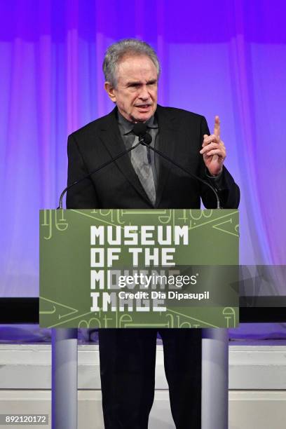 Warren Beatty speaks onstage during the Museum of the Moving Image Salute to Annette Bening at 583 Park Avenue on December 13, 2017 in New York City.