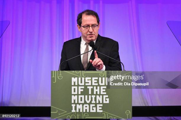 Michael Barker speaks onstage during the Museum of the Moving Image Salute to Annette Bening at 583 Park Avenue on December 13, 2017 in New York City.