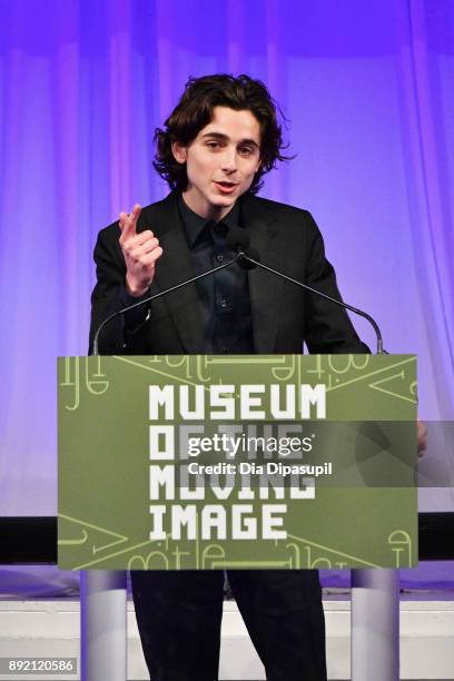 Timothee Chalamet speaks onstage during the Museum of the Moving Image Salute to Annette Bening at 583 Park Avenue on December 13, 2017 in New York...