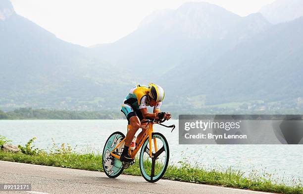 Lance Armstrong of the USA and Astana in action on stage 18 of the 2009 Tour de France, a 40km Time Trial around Lake Annecy, on July 23, 2009 in...