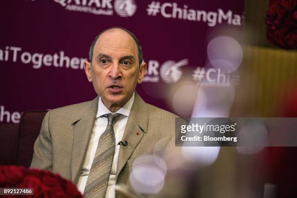 Akbar Al Baker, chief executive officer of Qatar Airways Ltd., speaks during a Bloomberg Television interview in Chiang Mai, Thailand, on Thursday,...