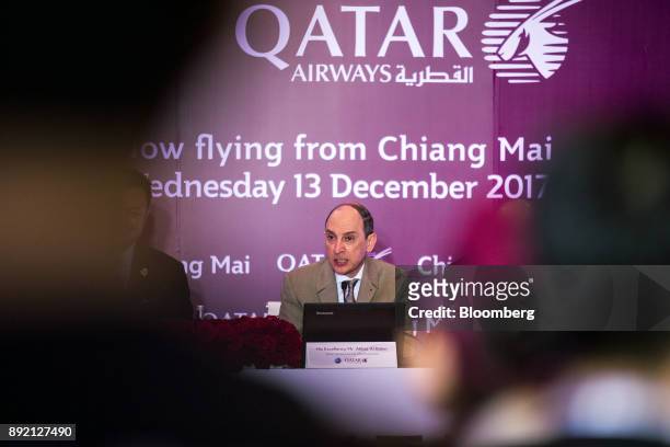 Akbar Al Baker, chief executive officer of Qatar Airways Ltd., speaks during a news conference in Chiang Mai, Thailand, on Thursday, Dec. 14, 2017....