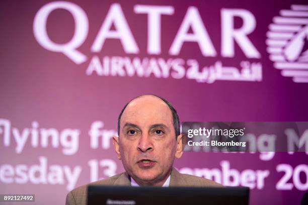 Akbar Al Baker, chief executive officer of Qatar Airways Ltd., speaks during a news conference in Chiang Mai, Thailand, on Thursday, Dec. 14, 2017....