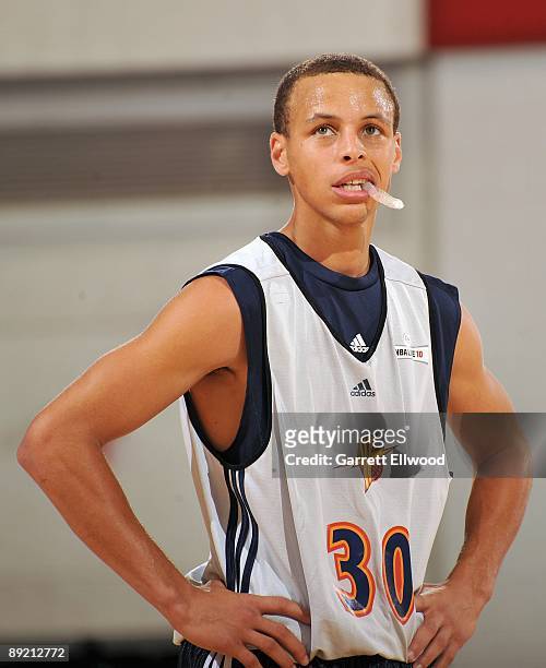 Stephen Curry of the Golden State Warriors looks on during NBA Summer League presented by EA Sports on July 10, 2009 at Cox Pavilion in Las Vegas,...