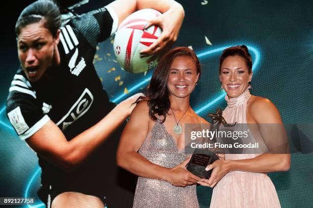 Ruby Tui of Canterbury wins the Black Ferns Player of the Year with presenter Sophie Pascoe during the ASB Rugby Awards 2018 at Sky City on December...