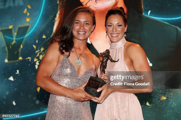 Ruby Tui of Canterbury wins the Black Ferns Player of the Year with presenter Sophie Pascoe during the ASB Rugby Awards 2018 at Sky City on December...