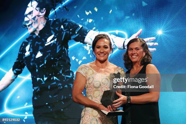 Portia Woodman receives the Sky TV Fan's Try of the Year from Tammi Wilson Uluinayau during the ASB Rugby Awards 2018 at Sky City on December 14,...