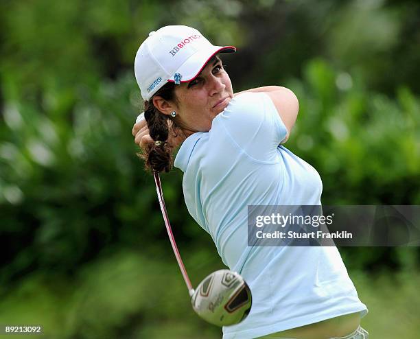 Caroline Rominger of Switzerland plays her tee shot on the 10th hole during the first round of the Evian Masters at the Evian Masters Golf Club on...