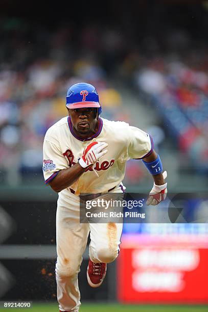 Jimmy Rollins of the Philadelphia Philles runs during the game against the Toronto Blue Jays at Citizens Bank Park in Philadelphia, Pennsylvania on...