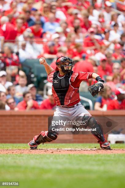 Miguel Montero of the Arizona Diamondbacks throws to second base against the St. Louis Cardinals on July 19, 2009 at Busch Stadium in St. Louis,...
