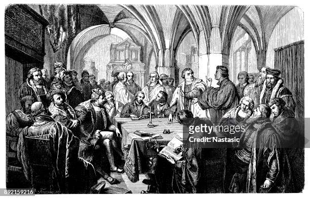 ilustrações, clipart, desenhos animados e ícones de dois clérigos protestantes, lutero e zuínglio, participem de um debate religioso data: outubro de 1529 - martin luther reformation luther