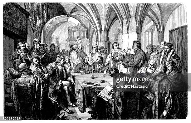 two protestant churchmen, luther and zwingli, engage in a religious debate date: october 1529 - reformer stock illustrations