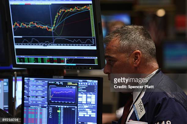 Trader works on the floor of the New York Stock Exchange on July 23, 2009 in New York, New York. As positive economic news continued to emerge, the...
