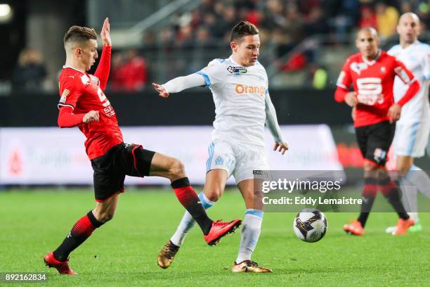 Florian Thauvin of Marseille and Adrien Hunou of Rennes during the french League Cup match, Round of 16, between Rennes and Marseille on December 13,...