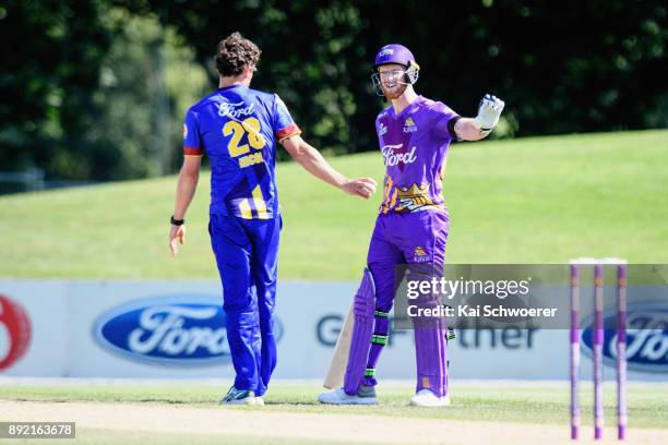 Rob Nicol of Otago and Ben Stokes of Canterbury reacting during the Supersmash Twenty20 match between Canterbury and Otago on December 14, 2017 in...