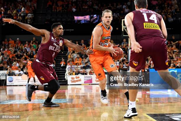 Damon Heuir of the Taipans takes on the defence during the round 10 NBL match between the Cairns Taipans and the Brisbane Bullets at Cairns...