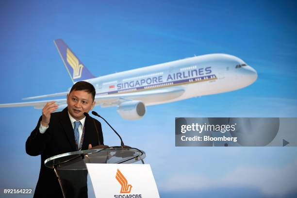 Goh Choon Phong, chief executive officer of Singapore Airlines Ltd., speaks during the welcome ceremony for the Airbus SE A380 aircraft with refitted...