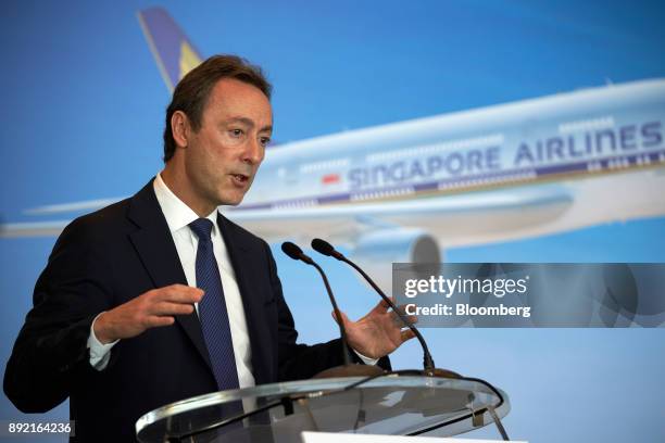 Fabrice Bregier, chief operating officer of Airbus SE, speaks during the welcome ceremony for the Singapore Airlines Ltd. Airbus A380 aircraft with...