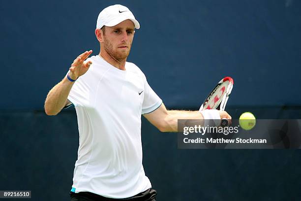 Jesse Levine returns a shot to Marc Gicquel of France during the Indianapolis Tennis Championships on July 23, 2009 at the Indianapolis Tennis Center...