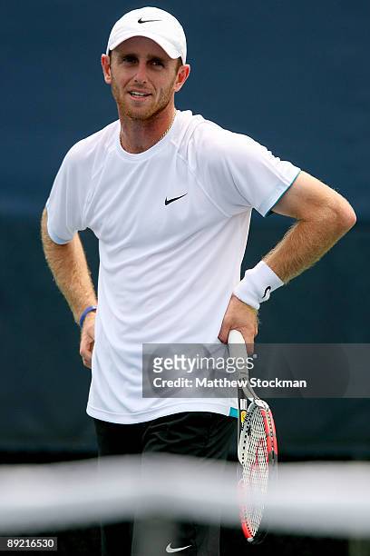Jesse Levine reacts to a line call while playing Marc Gicquel of France during the Indianapolis Tennis Championships on July 23, 2009 at the...