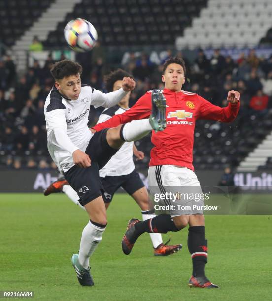 Nishan Burkart of Manchester United U18s in action during the FA Youth Cup third round match between Derby County U18s and Manchester United U18s at...