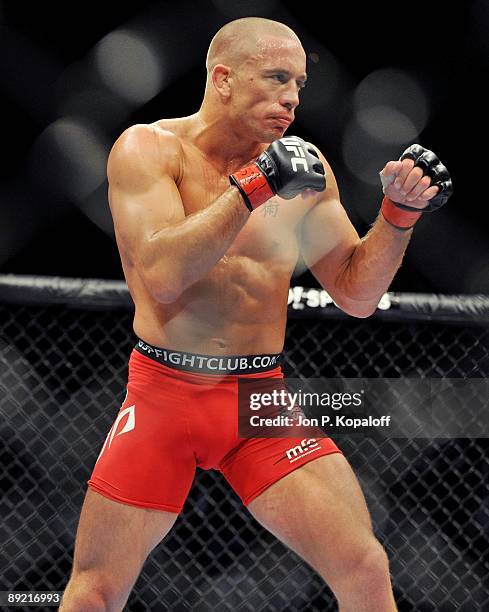 Welterweight Georges St-Pierre battles Thiago Alves during their Welterweight title bout at UFC 100 the Mandalay Bay Hotel and Casino on July 11,...