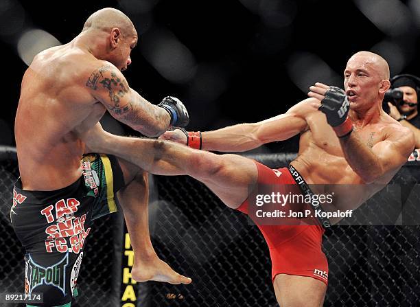 Welterweights Georges St-Pierre battles Thiago Alves during their Welterweight title bout at UFC 100 the Mandalay Bay Hotel and Casino on July 11,...