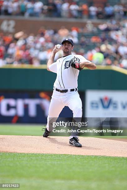 Pitcher Justin Verlander of the Detroit Tigers pitches during a MLB game against the Cleveland Indians on July 12, 2009 at Coamerica Park in Detroit,...