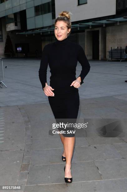 Gemma Atkinson arrives at BBC Broadcasting House for The Strictly Come Dancing Final Press Conference on December 14, 2017 in London, England.