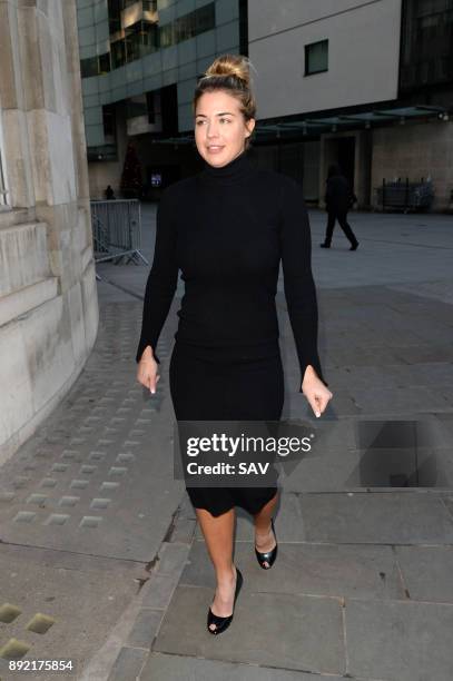 Gemma Atkinson arrives at BBC Broadcasting House for The Strictly Come Dancing Final Press Conference on December 14, 2017 in London, England.