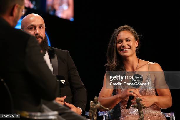 Forbes and Portia Woodman speak to Scotty Steveson during the ASB Rugby Awards 2018 at Sky City on December 14, 2017 in Auckland, New Zealand.