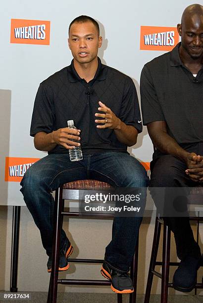 Gold medal winning decathlete Bryan Clay talks about the process of creating a new Wheaties breakfast cereal during a press conference at Conseco...