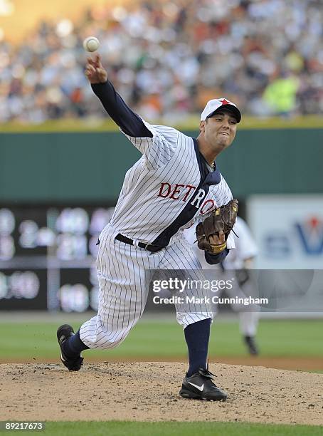 Armando galarraga of the Detroit Tigers pitches while wearing a Detroit Stars Negro League Tribute uniform against the Cleveland Indians during the...