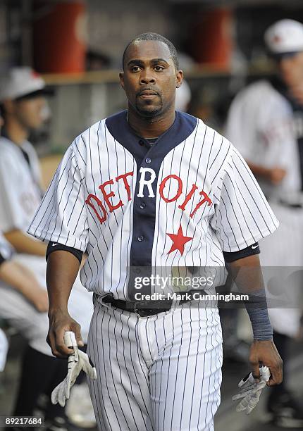 Marcus Thames of the Detroit Tigers looks on while wearing a Detroit Stars Negro League Tribute uniform against the Cleveland Indians during the game...