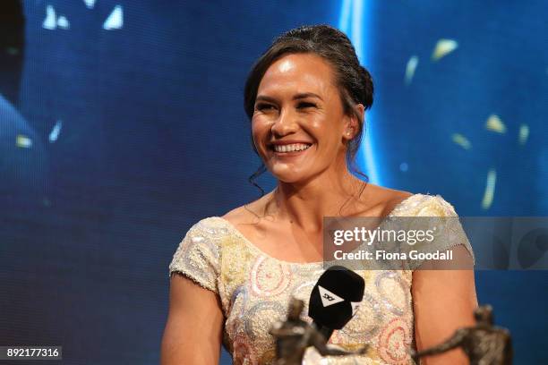 Black Fern Portia Woodman wins the Sly TV Fan's Try of the Year during the ASB Rugby Awards 2018 at Sky City on December 14, 2017 in Auckland, New...