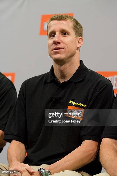 Triathlete Hunter Kemper attends a press conference to discuss a new Wheaties cereal at Conseco Fieldhouse on July 23, 2009 in Indianapolis, Indiana.