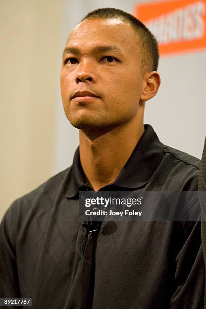 Gold medal winning decathlete Bryan Clay attends a press conference to discuss a new Wheaties cereal at Conseco Fieldhouse on July 23, 2009 in...