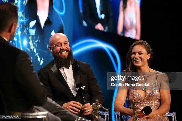 Forbes and Ruby Tui speak to Scotty Steveson during the ASB Rugby Awards 2018 at Sky City on December 14, 2017 in Auckland, New Zealand.