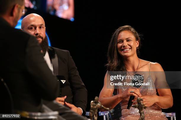 Forbes and Ruby Tui speak to Scotty Steveson during the ASB Rugby Awards 2018 at Sky City on December 14, 2017 in Auckland, New Zealand.