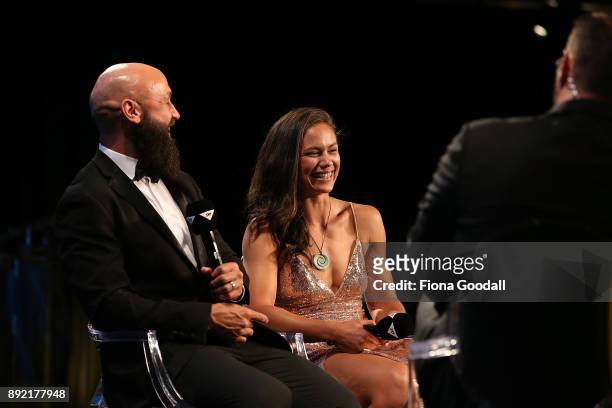 Forbes and Ruby Tui speak to Scotty Steveson during the ASB Rugby Awards 2018 at Sky City on December 14, 2017 in Auckland, New Zealand.