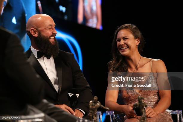 Forbes and Ruby Tui speak to Scotty Steveson during the ASB Rugby Awards 2018 at Sky City on December 14, 2017 in Auckland, New Zealand.
