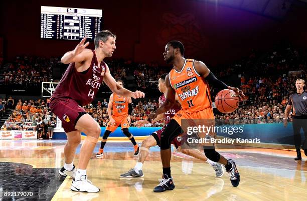 Nnanna Egwu of the Taipans looks to take on the defence during the round 10 NBL match between the Cairns Taipans and the Brisbane Bullets at Cairns...