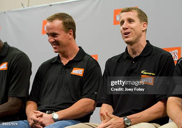 Indianapolis Colts quarterback Peyton Manning and triathlete Hunter Kemper talk about the process of creating a new Wheaties breakfast cereal during...