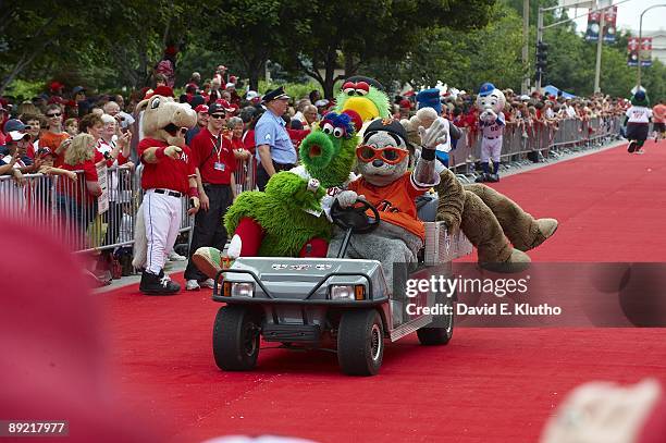 All-Star Game Red Carpet Show: Philadelphia Phillies Phanatic, Pittsburgh Pirates Parrot, and San Francisco Giants Lou Seal mascots riding in cart...