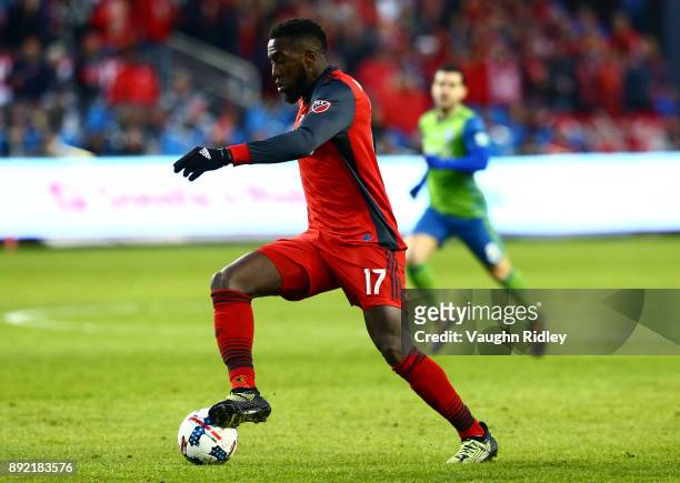 Jozy Altidore of Toronto FC dribbles the ball during the 2017 MLS Cup Final against the Seattle Sounders at BMO Field on December 9, 2017 in Toronto,...