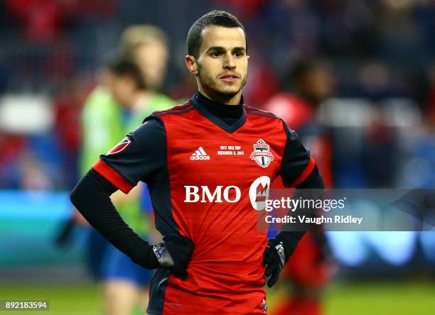 Sebastian Giovinco of Toronto FC looks on during the 2017 MLS Cup Final against the Seattle Sounders at BMO Field on December 9, 2017 in Toronto,...