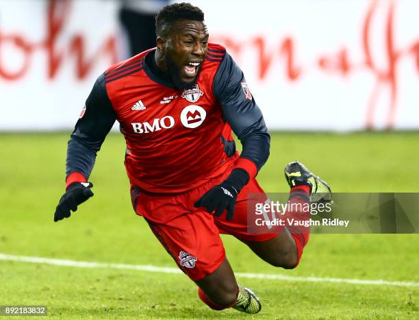 Jozy Altidore of Toronto FC is fouled during the 2017 MLS Cup Final against the Seattle Sounders at BMO Field on December 9, 2017 in Toronto,...